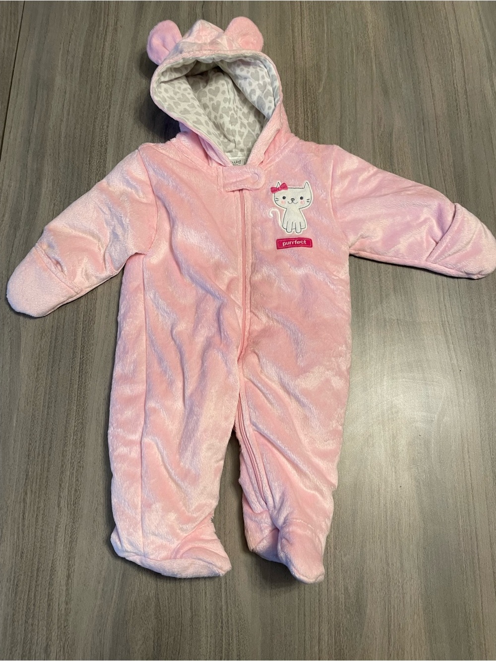 Child of Mine by Carter's Pink Fleece "Purrfect" Hooded Pram Jumpsuit 0-3 Month